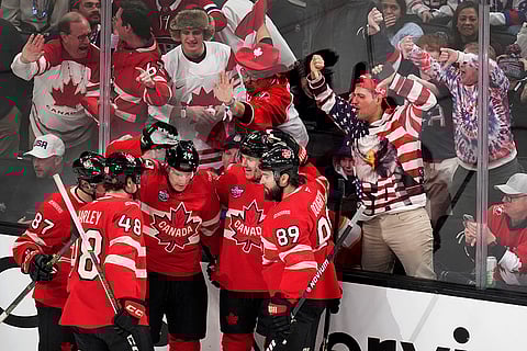 4 Nations Face-Off Final: Canada players celebrate after a goal by Nathan MacKinnon