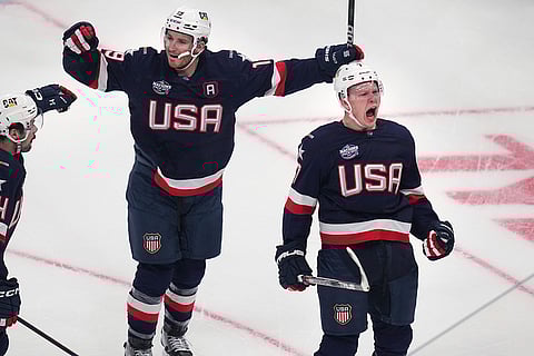 4 Nations Face-Off Final: United States' Brady Tkachuk, right, celebrates after scoring a goal.