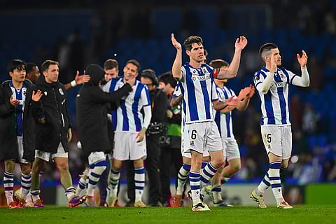 Europa League playoff second leg, Real Sociedad and Midtjylland: Real Sociedad players greet fans