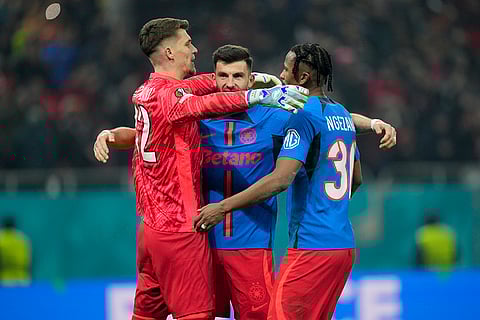 Europa League playoff second leg, FCSB vs PAOK: FCSB's goalkeeper Stefan Tarnovanu celebrates after the match