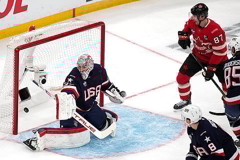 4 Nations Face-Off Final: United States goalie Connor Hellebuyck, left, gives up a goal