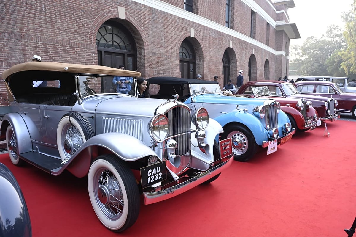 Vintage cars on display during the 21 Gun Salute Vintage Car rally, at Kartavya Path in New Delhi.