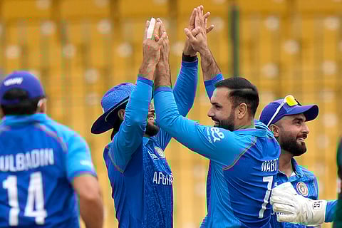 Champions Trophy 2025 Match 3, AFG vs SA: Afghanistan's Mohammad Nabi celebrates after taking the wicket of Tony de Zorzi