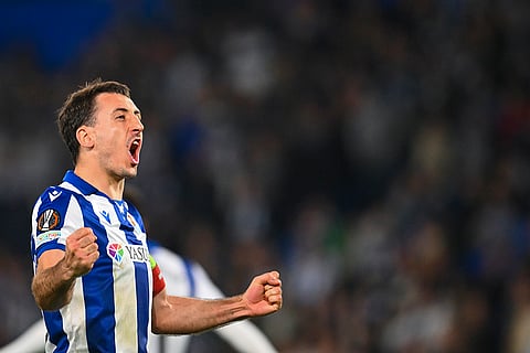 Europa League playoff second leg, Real Sociedad and Midtjylland: Real Sociedad's Mikel Oyarzabal celebrates after scoring a goal