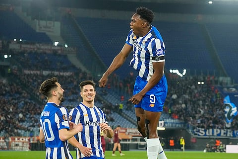 Europa League playoff second leg, Roma vs Porto: Porto's Samu Omorodion celebrates after scoring the opening goal