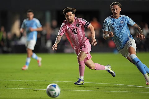 Inter Miami Vs New York City: Inter Miami forward Lionel Messi and NYCFC defender Birk Risa (5) vie for the ball
