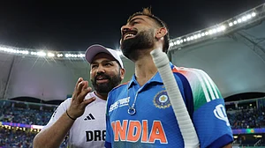 Rohit Sharma and Virat Kohli walk off smiling after Sunday's win in Dubai