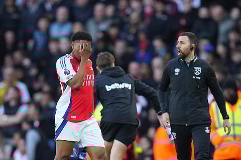 EPL Arsenal vs West Ham: Arsenal's Myles Lewis-Skelly reacts after receiving a red card