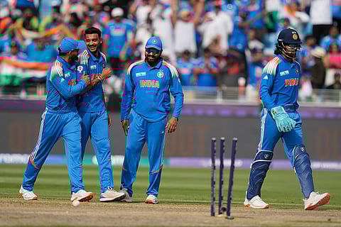 ICC Champions Trophy, IND vs PAK: India's Axar Patel celebrates with teammate the wicket of Pakistan's captain Mohammad Rizwan