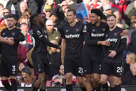 EPL Arsenal vs West Ham: West Ham's Jarrod Bowen celebrates with teammates after scoring his side's opening goal