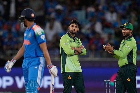 ICC Champions Trophy, IND vs PAK: Pakistan's Abrar Ahmed looks at India's Shubman Gill, left, after taking his wicket