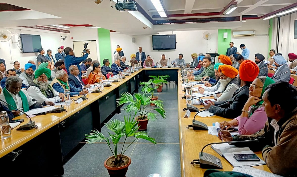 Union Minister of Agriculture and Farmers Welfare Shivraj Singh Chouhan and Union minister Pralhad Joshi during a meeting with protesting farmer, at Mahatma Gandhi Institute of Public Administration, in Chandigarh, Saturday, Feb 22, 2025. - PTI