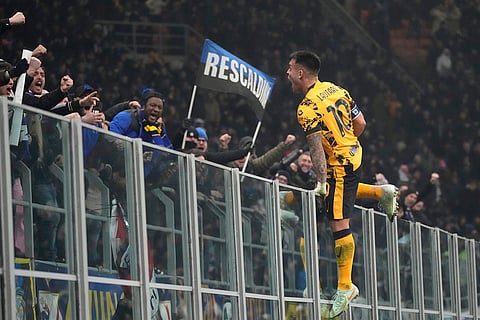 Serie A, Inter Milan and Genoa: Inter Milan's Lautaro Martinez celebrates after scoring
