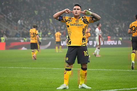 Serie A, Inter Milan and Genoa: Inter Milan's Lautaro Martinez celebrates after scoring his side's opening goal