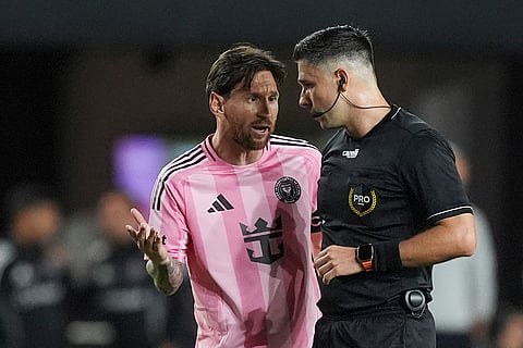 Inter Miami Vs New York City: Inter Miami forward Lionel Messi talks with the referee