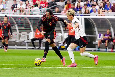 SheBelieves Cup, Colombia vs Japan: Colombia forward Mayra Ramírez dribbles past Japan defender Moeka Minami