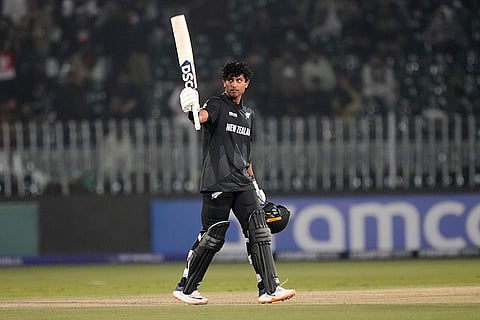 ICC Champions Trophy, BAN vs NZ: New Zealand's Rachin Ravindra celebrates after scoring century