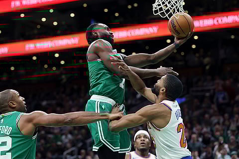 NBA 2024-25, Knicks vs Celtics: Celtics' Jaylen Brown goes up to shoot over Knicks' Mikal Bridges