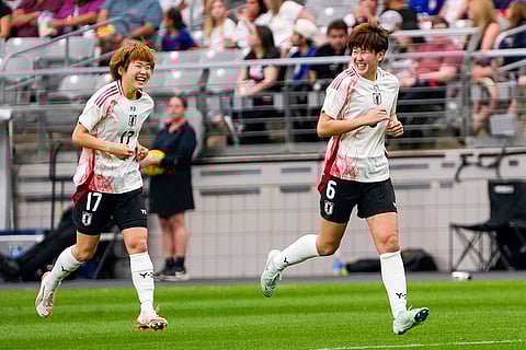 SheBelieves Cup, Colombia vs Japan: Japan's Maika Hamano and Toko Koga celebrate after a goal