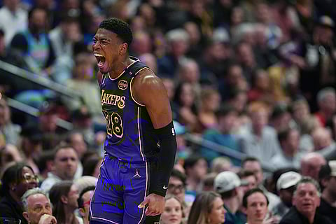 NBA 2024-25, Lakers vs Nuggets: Lakers forward Rui Hachimura reacts after hitting a 3-point basket