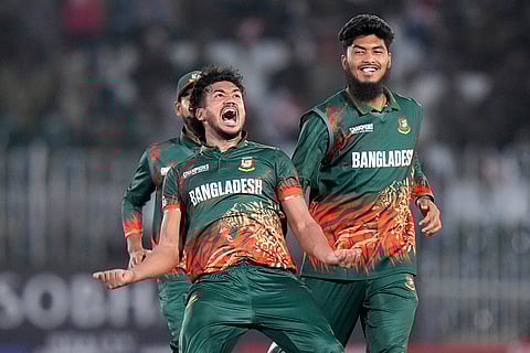 ICC Champions Trophy, BAN vs NZ: Bangladesh's Taskin Ahmed celebrates wicket of Will Young