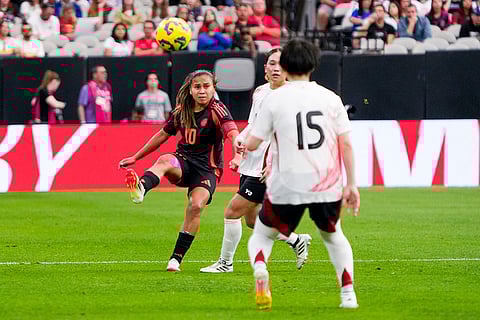 SheBelieves Cup, Colombia vs Japan: Colombia midfielder Leicy Santos kicks the ball over Japan midfielder Aoba Fujino