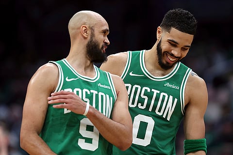 NBA 2024-25, Knicks vs Celtics: Celtics' Derrick White (9) and Jayson Tatum (0)