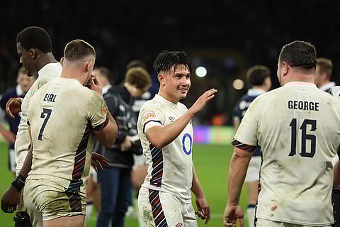Calcutta Cup 2025: England's Marcus Smith celebrates with Jamie George