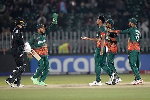 ICC Champions Trophy, BAN vs NZ: Mustafizur Rahman and teammates celebrate after the dismissal of New Zealand's Devon Conway