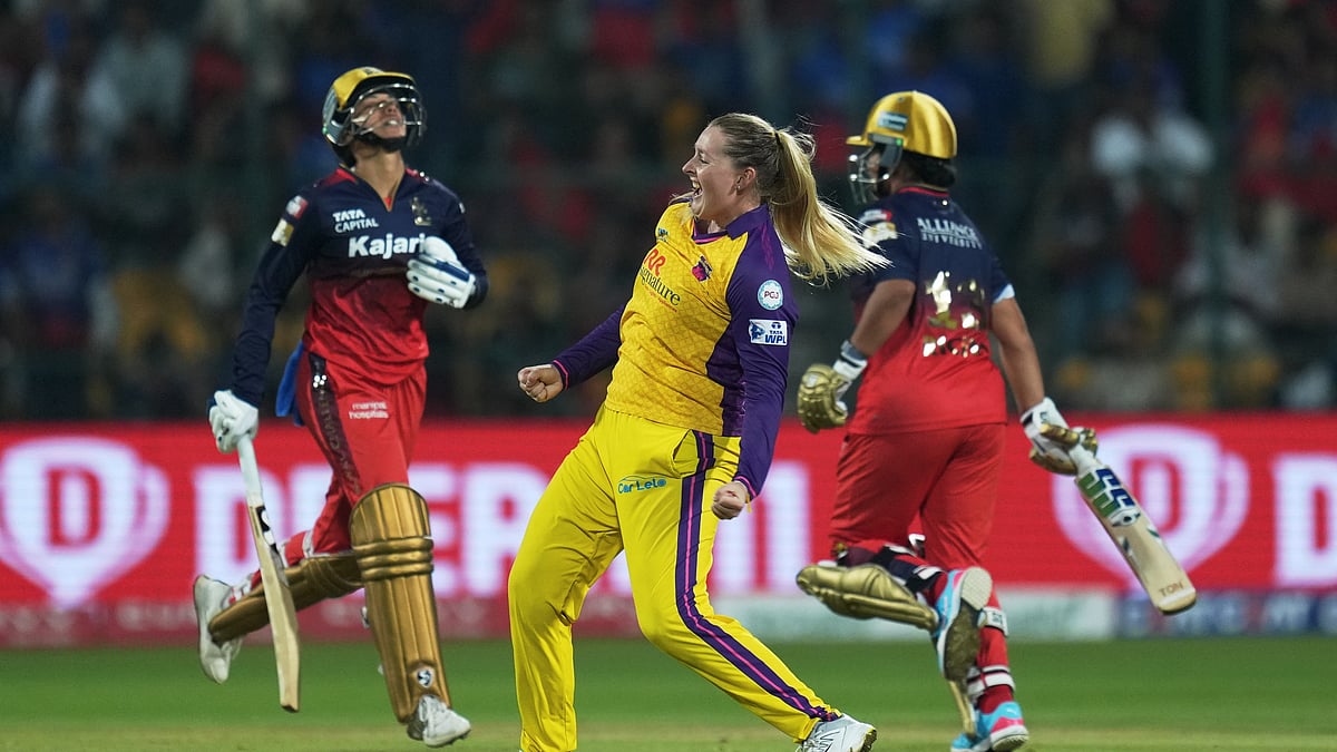PTI Photo/Shailendra Bhojak : UP Warriorz player Sophie Ecclestone celebrates after the team won a Women's Premier League (WPL) 2025 cricket match against Royal Challengers Bengaluru (RCB), at the M Chinnaswamy Stadium, in Bengaluru, Monday, Feb. 24, 2025.

