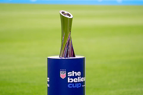 SheBelieves Cup, Colombia vs Japan: The SheBelieves Cup trophy is displayed