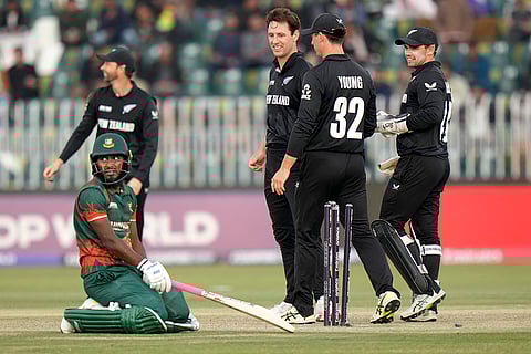 ICC Champions Trophy, BAN vs NZ: New Zealand's Tom Latham celebrates with teammates after the dismissal of Bangladesh's Jaker Ali