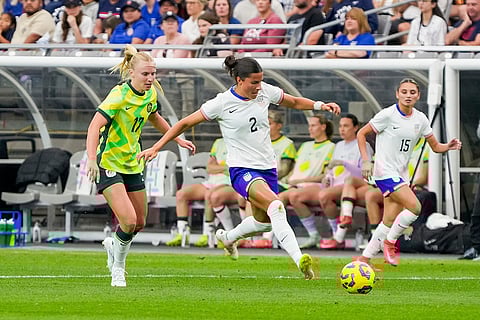 SheBelieves Cup, Australia vs US: United States defender Emily Sams dribbles past Australia forward Holly McNamara