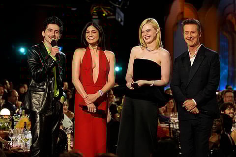 SAG Awards 2025: Timothee Chalamet, from left, Monica Barbaro, Elle Fanning, and Edward Norton
