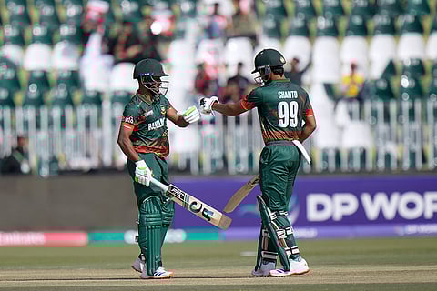 ICC Champions Trophy, BAN vs NZ: Bangladesh's Tanzid Hasan celebrates with teammate Najmul Hossain Shanto