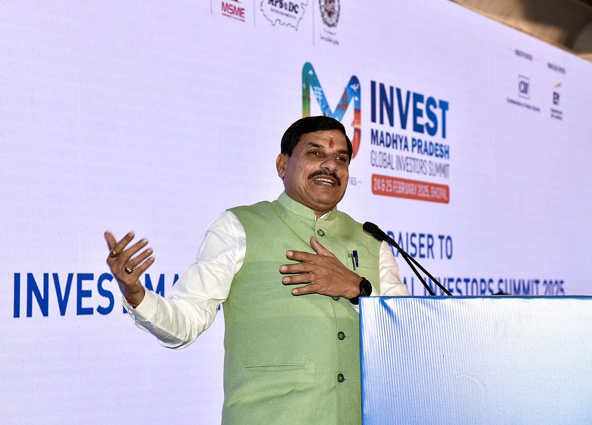 Chief Minister Dr. Mohan Yadav addressing investors and dignitaries at a 2-day Invest MP -global investor Summit (GIS) -2025