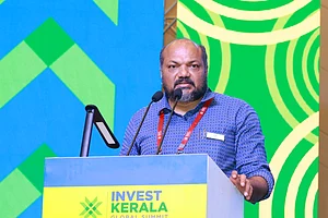Kerala Industries Minister P Rajeev speaks at the concluding ceremony of Invest Kerala Summit