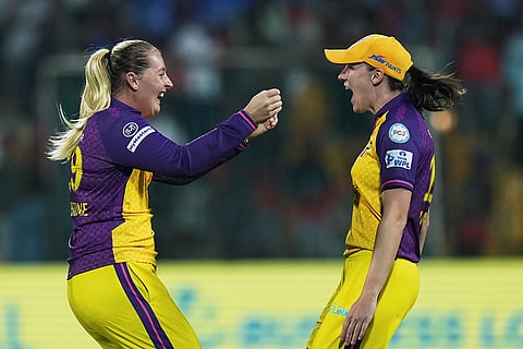 WPL 2025, RCB vs UPW: UP Warriorz players Sophie Ecclestone and Tahlia McGrath celebrate the victory