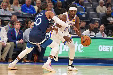 NBA 2024-25, Timberwolves vs Thunder: Thunder guard Luguentz Dort (5) looks for an opening