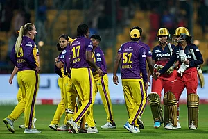 | Photo: PTI/Shailendra Bhojak : WPL 2025, RCB vs UPW: UP Warriorz players celebrate after winning the match