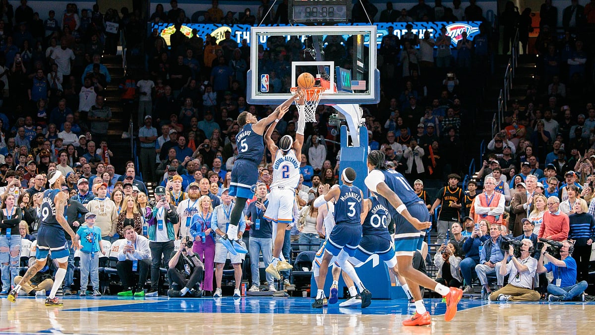 Minnesota Timberwolves guard Anthony Edwards blocks a shot vs. the Oklahoma City Thunder on Feb. 24, 2025.