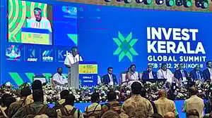 Chief Minister Pinarayi Vijayan addressing global investors and dignitaries at a 2-day Invest Kerala Global Summit (IKGS) -2025