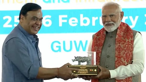 Assam CM Gifts PM Modi A Unique Rhino Sculpture Made Of Semiconductor Chips