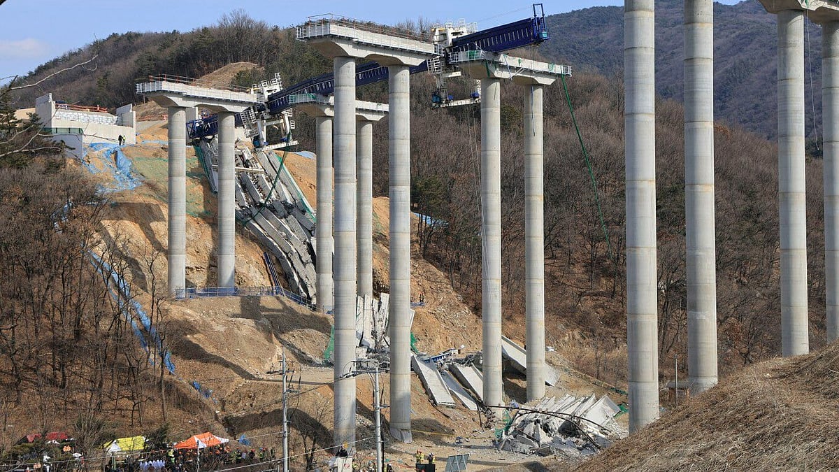 AP : Elevated parts of a highway under construction is seen collapsed in Cheonan, South Korea, Tuesday, Feb. 25, 2025.
