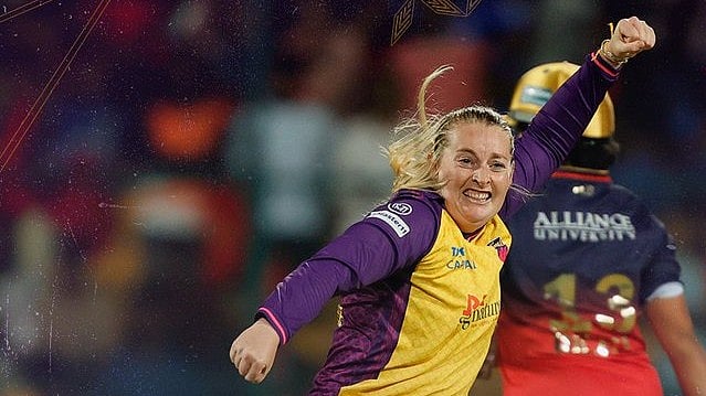 Sophie Ecclestone celebrating UP Warriorz's win. - X/@UPWarriorz