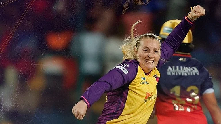 Sophie Ecclestone celebrating UP Warriorz's win. - X/@UPWarriorz