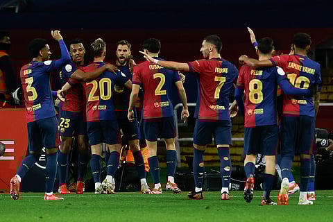 Copa Del Rey SFs: Barcelona players celebrate after a goal