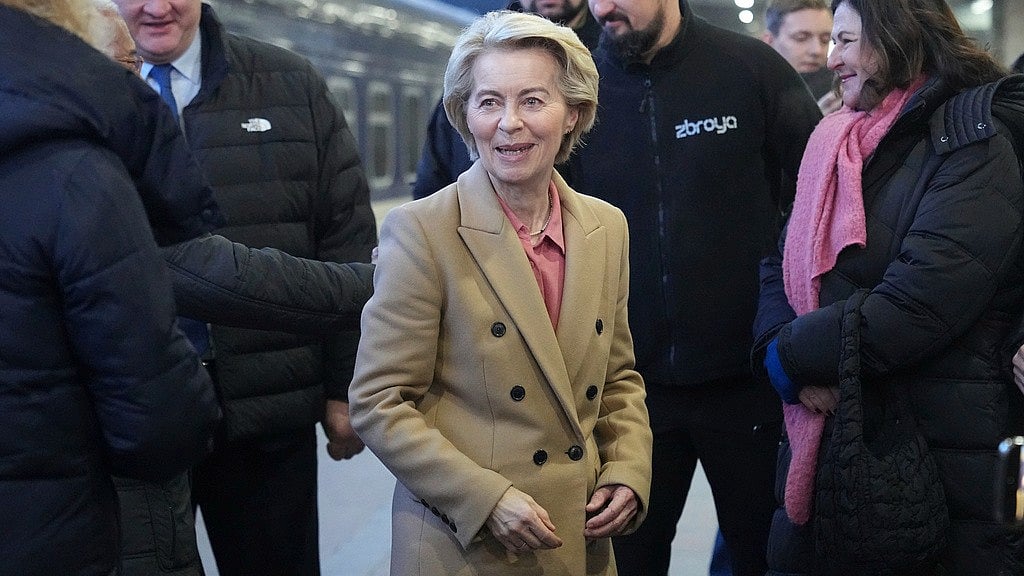 AP : European Commission President Ursula von der Leyen, center, arrives at a train station on the third anniversary of the Russian invasion of Ukraine, Kyiv, Ukraine, Monday, Feb. 24, 2025.