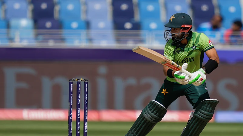Pakistans captain Mohammad Rizwan plays a shot. AP Photo