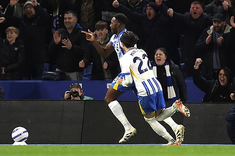 EPL 2024-25, Brighton vs Bournemouth: Brighton's Danny Welbeck, left, celebrates scoring their side's second goal